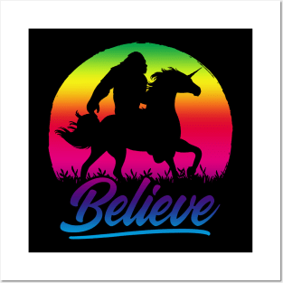 Bigfoot Riding Unicorn Vintage Sasquatch Posters and Art